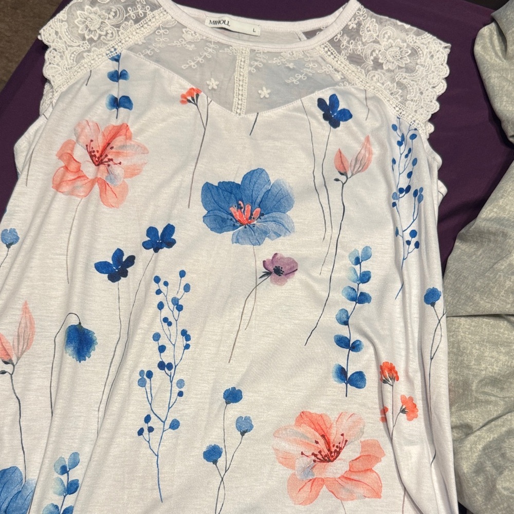 SAMOON Floral Lace Blouse - White and Blue